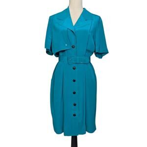 90s Vintage Liz Wear Silk Short Sleeve Shirt Dress Green